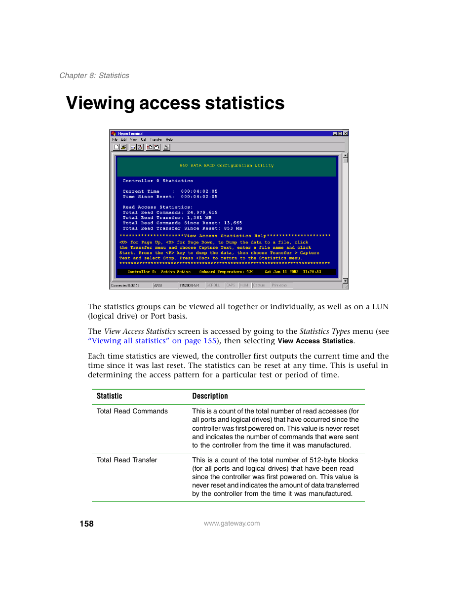 Viewing access statistics | Gateway 840 VT-100 User Manual | Page 163 / 250