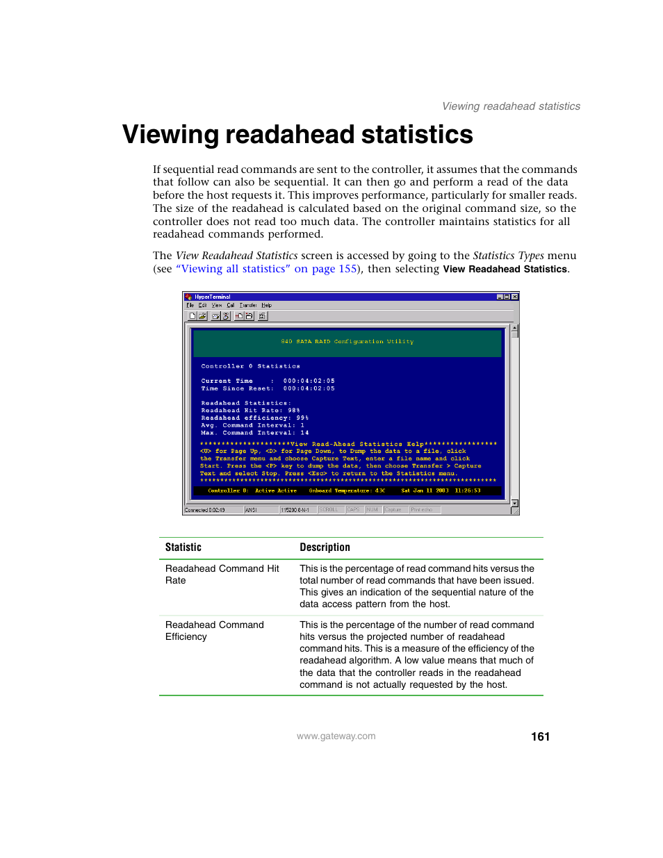 Viewing readahead statistics | Gateway 840 VT-100 User Manual | Page 166 / 250