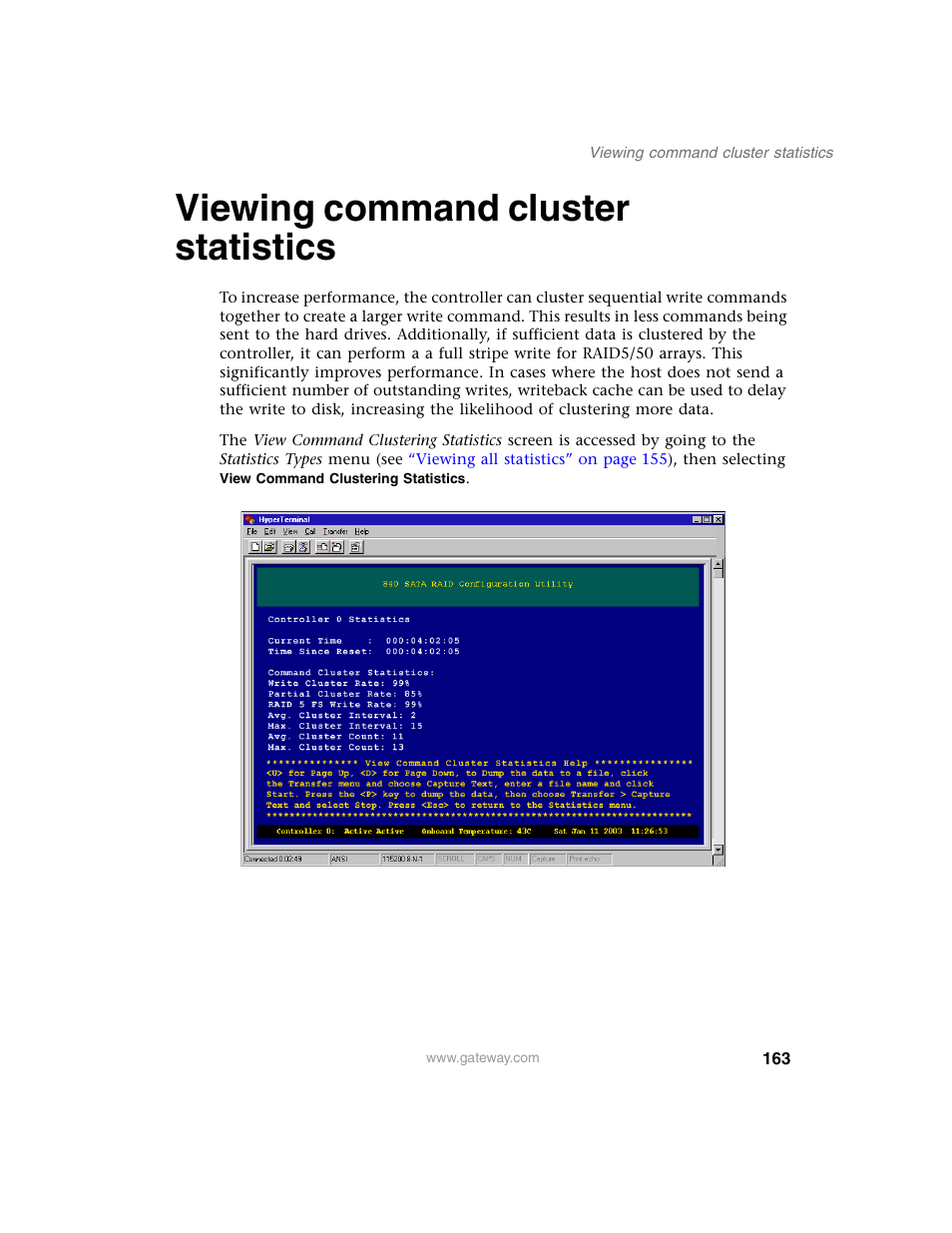 Viewing command cluster statistics | Gateway 840 VT-100 User Manual | Page 168 / 250