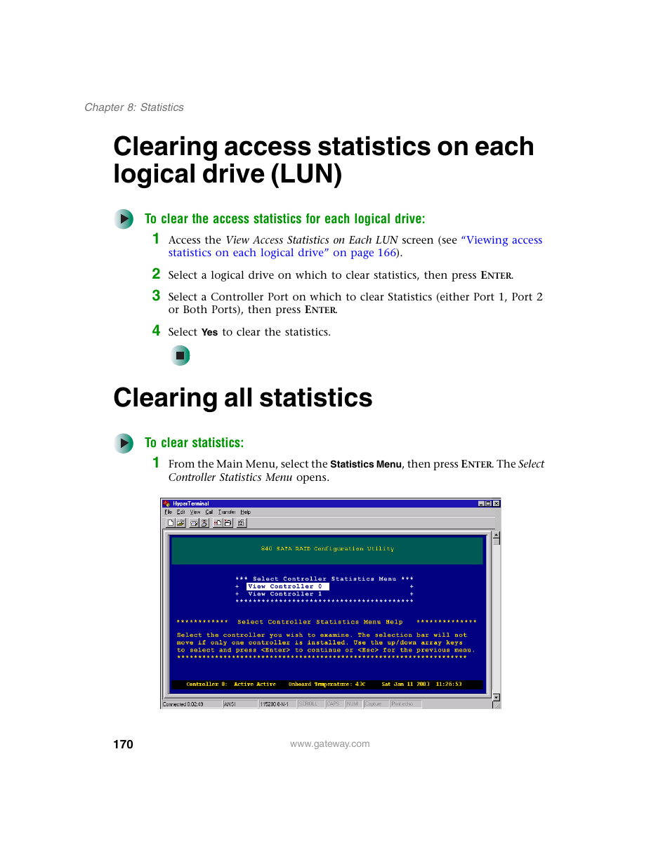 Clearing all statistics | Gateway 840 VT-100 User Manual | Page 175 / 250