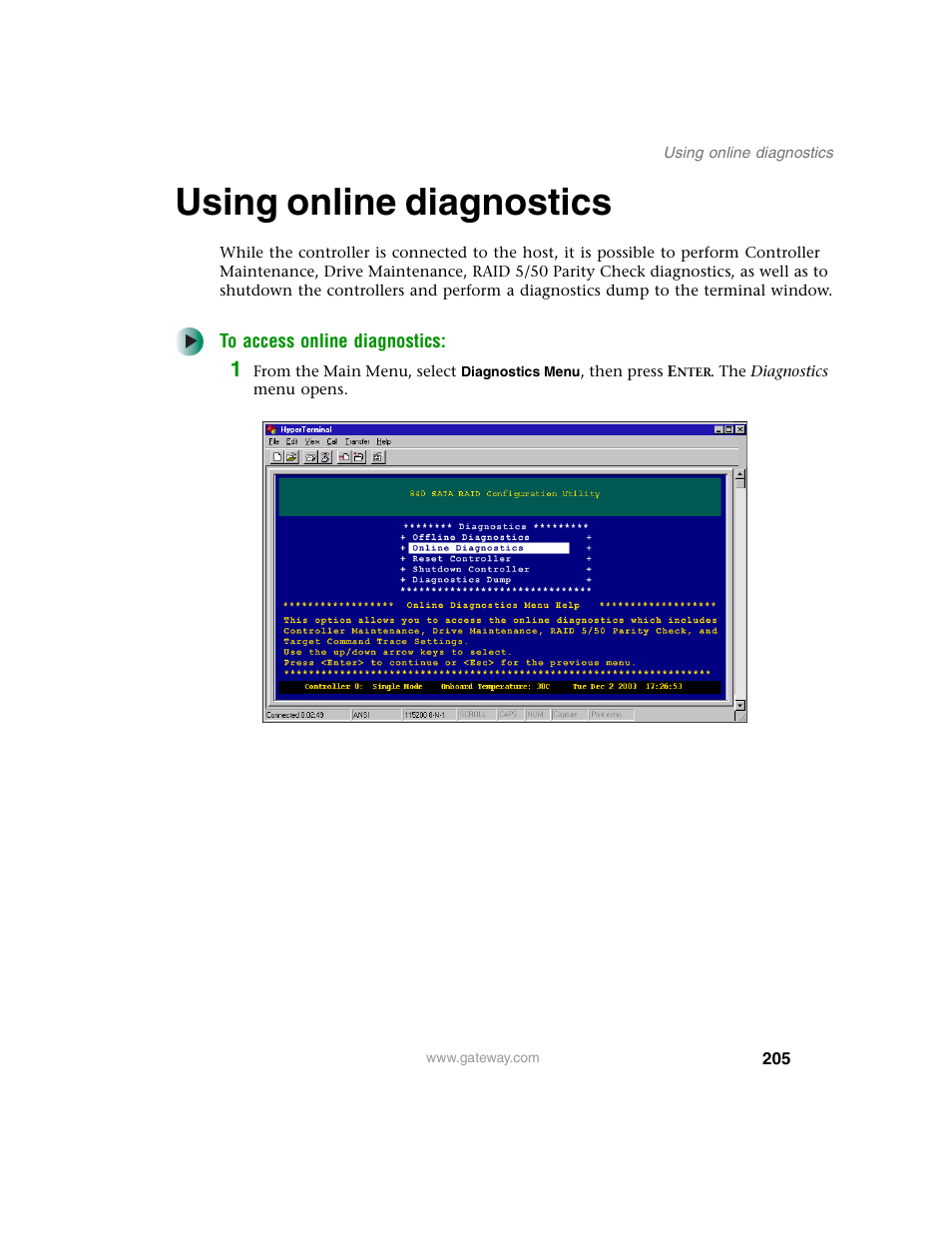 Using online diagnostics | Gateway 840 VT-100 User Manual | Page 210 / 250