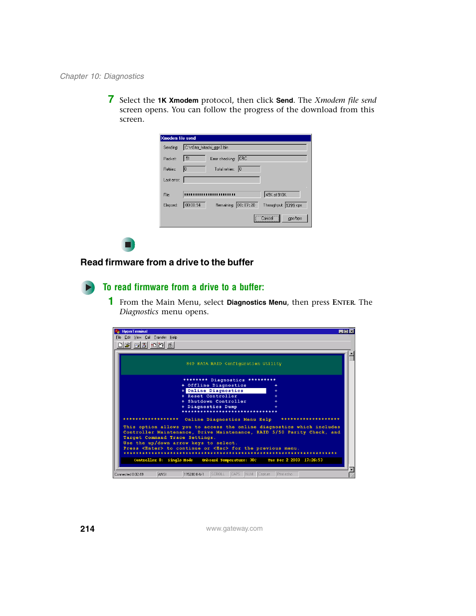 Read firmware from a drive to the buffer | Gateway 840 VT-100 User Manual | Page 219 / 250