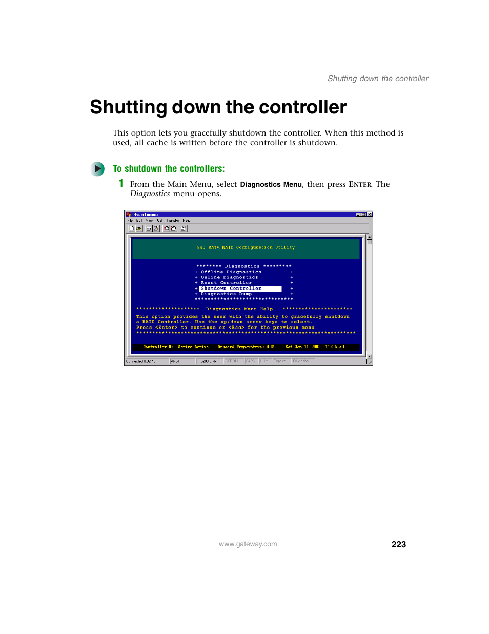 Shutting down the controller | Gateway 840 VT-100 User Manual | Page 228 / 250