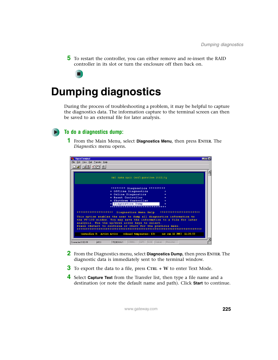 Dumping diagnostics | Gateway 840 VT-100 User Manual | Page 230 / 250