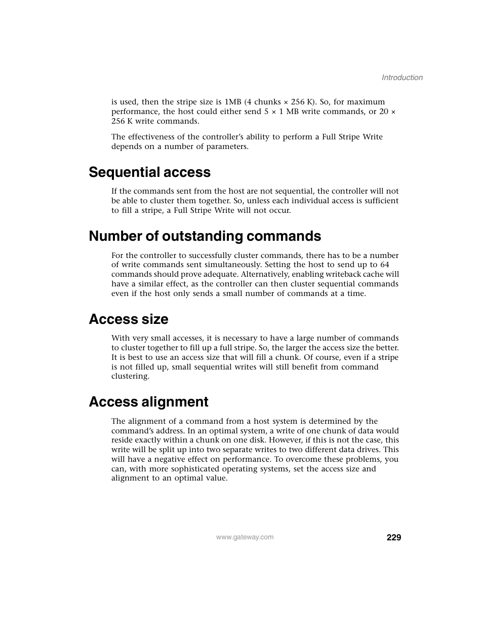 Sequential access, Number of outstanding commands, Access size | Access alignment | Gateway 840 VT-100 User Manual | Page 234 / 250