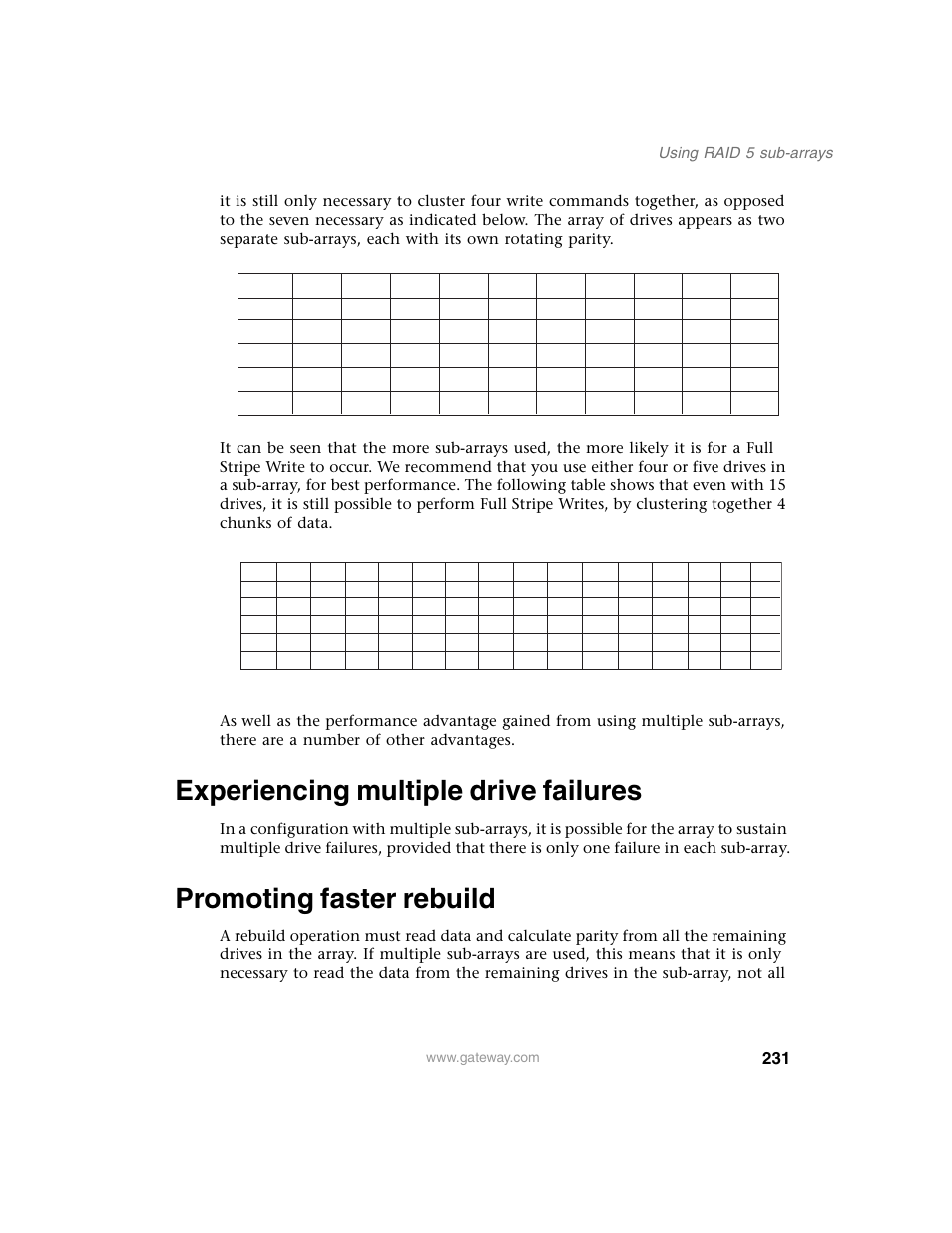 Experiencing multiple drive failures, Promoting faster rebuild, Using raid 5 sub-arrays | Gateway 840 VT-100 User Manual | Page 236 / 250