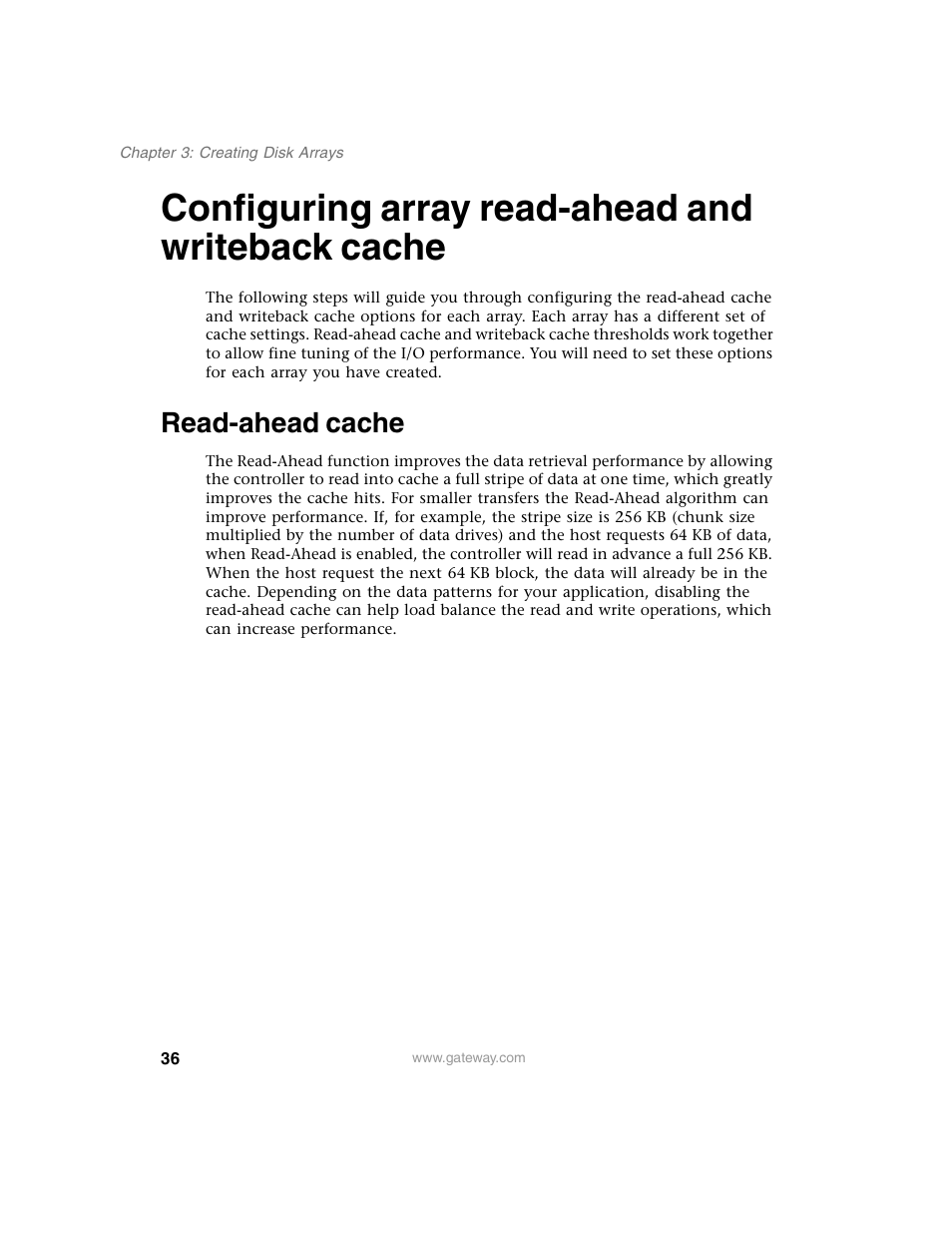 Configuring array read-ahead and writeback cache, Read-ahead cache | Gateway 840 VT-100 User Manual | Page 41 / 250