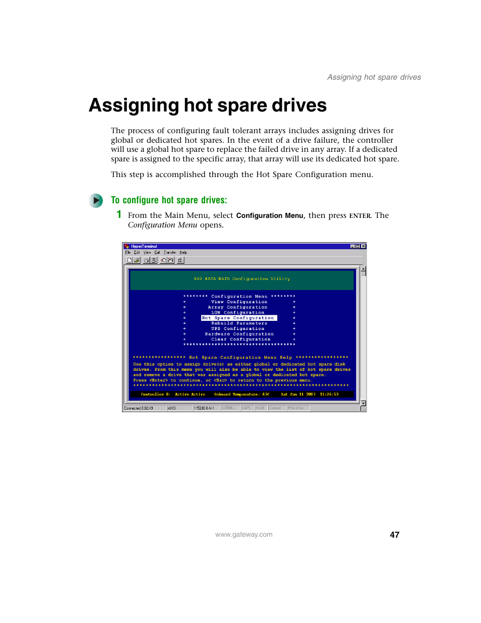 Assigning hot spare drives | Gateway 840 VT-100 User Manual | Page 52 / 250