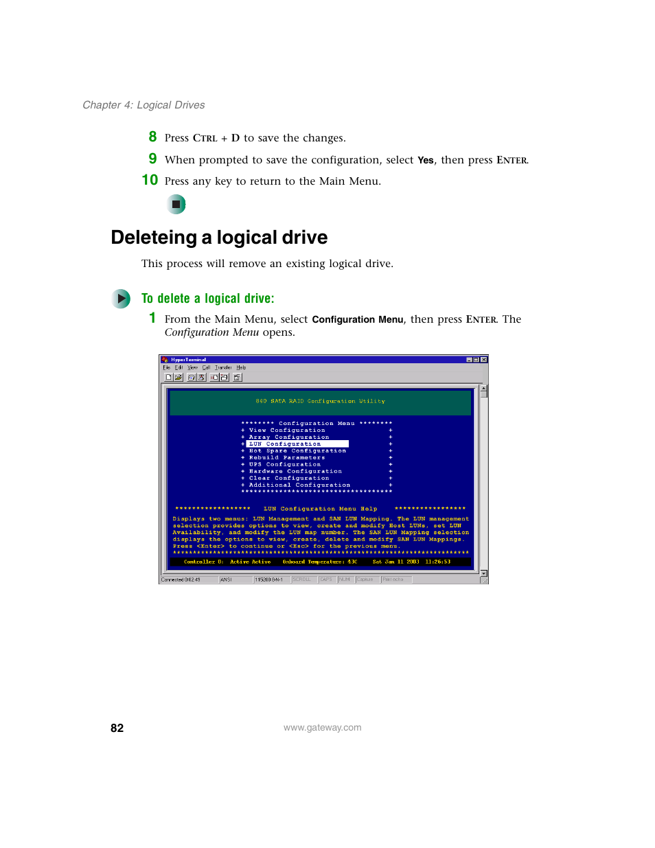 Deleteing a logical drive | Gateway 840 VT-100 User Manual | Page 87 / 250