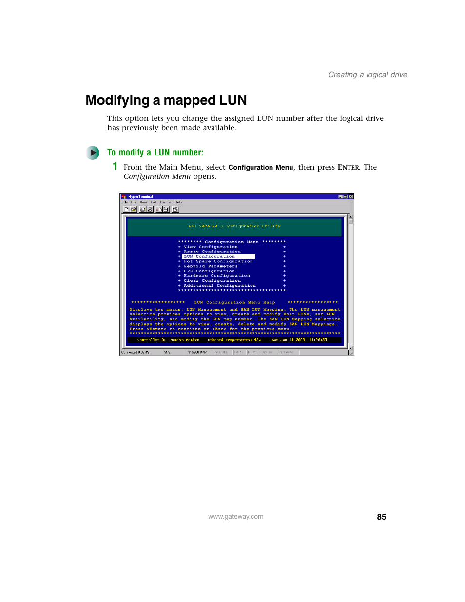 Modifying a mapped lun | Gateway 840 VT-100 User Manual | Page 90 / 250