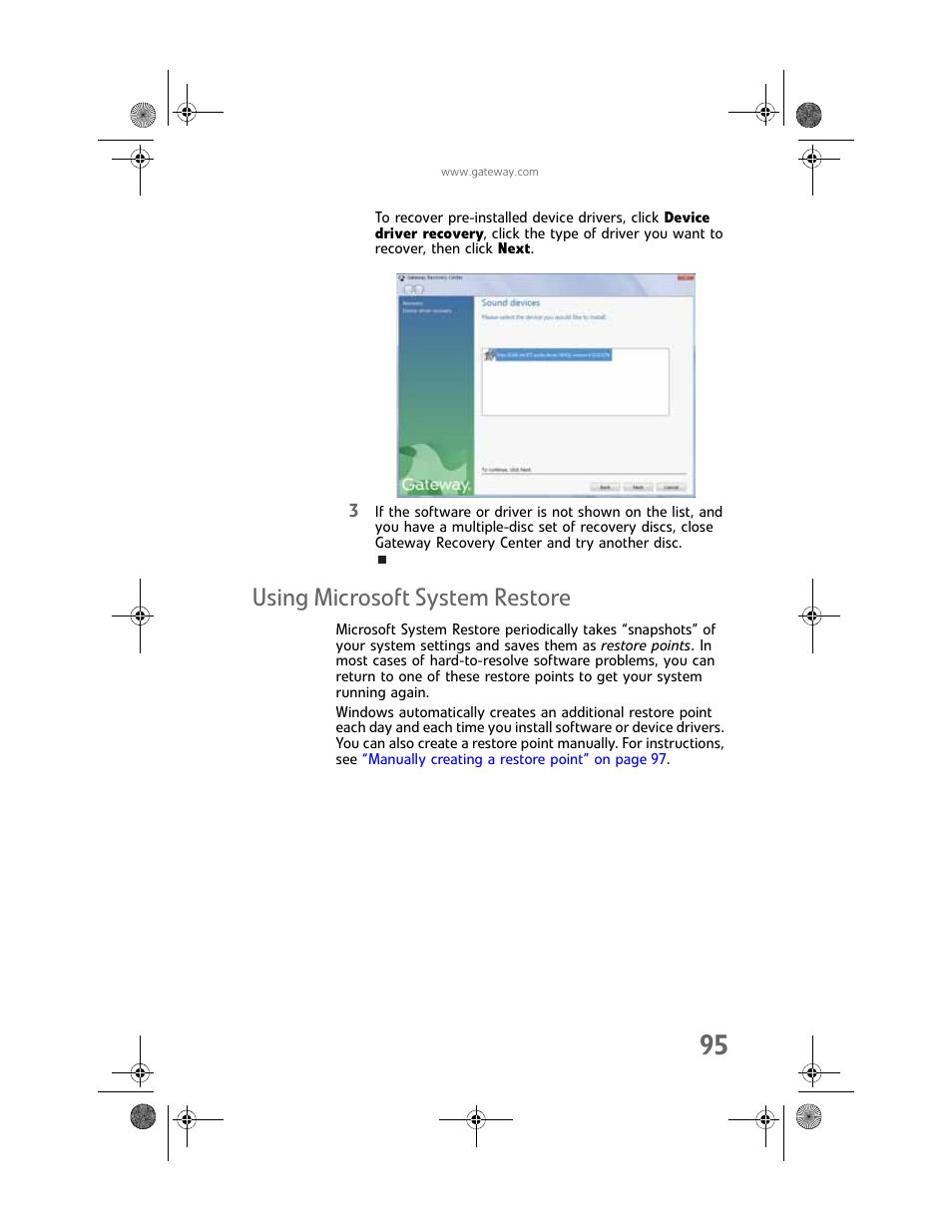 Using microsoft system restore, Using microsoft system | Gateway Profile 6 User Manual | Page 101 / 130