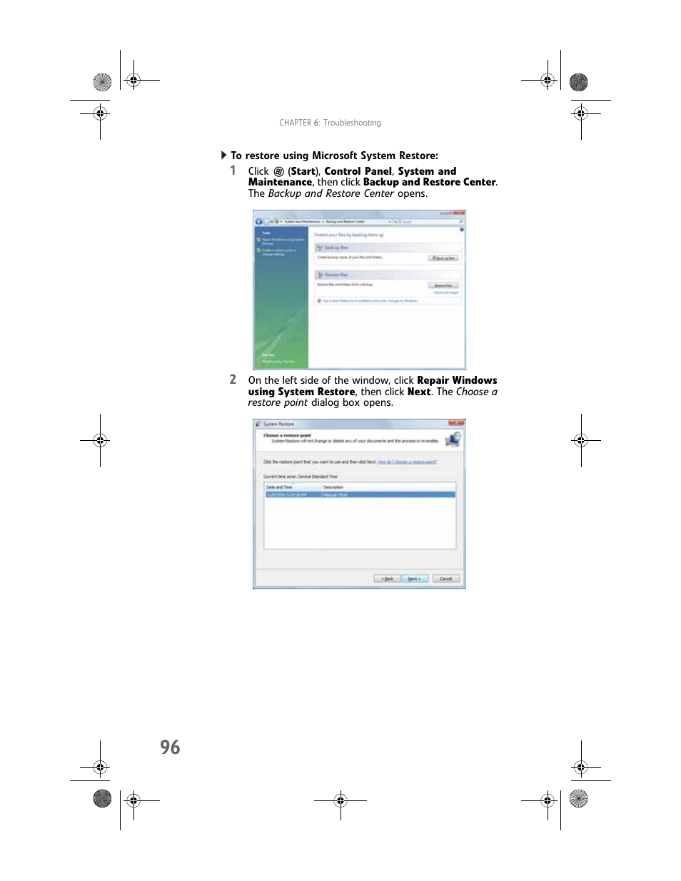To restore using microsoft system restore | Gateway Profile 6 User Manual | Page 102 / 130