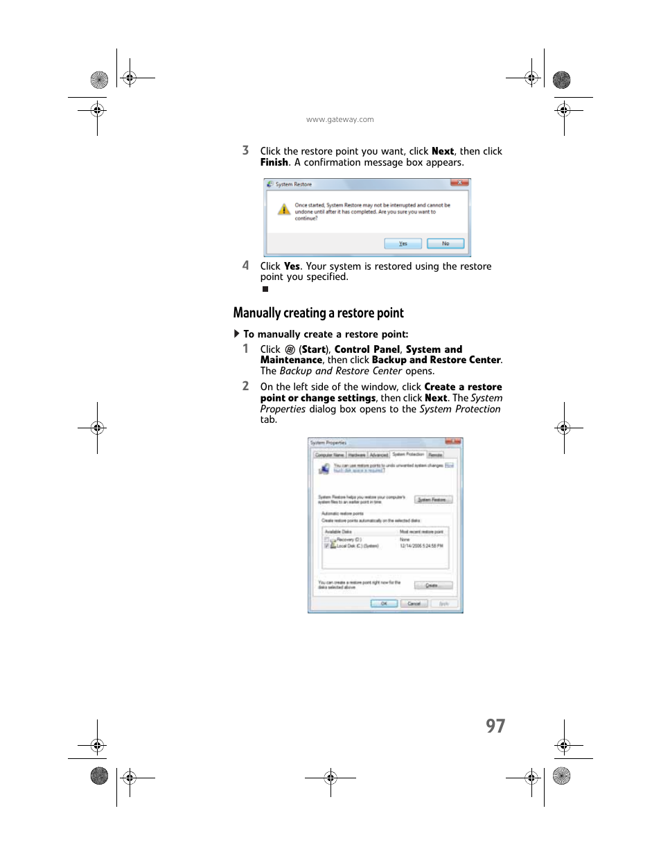 Manually creating a restore point, To manually create a restore point | Gateway Profile 6 User Manual | Page 103 / 130