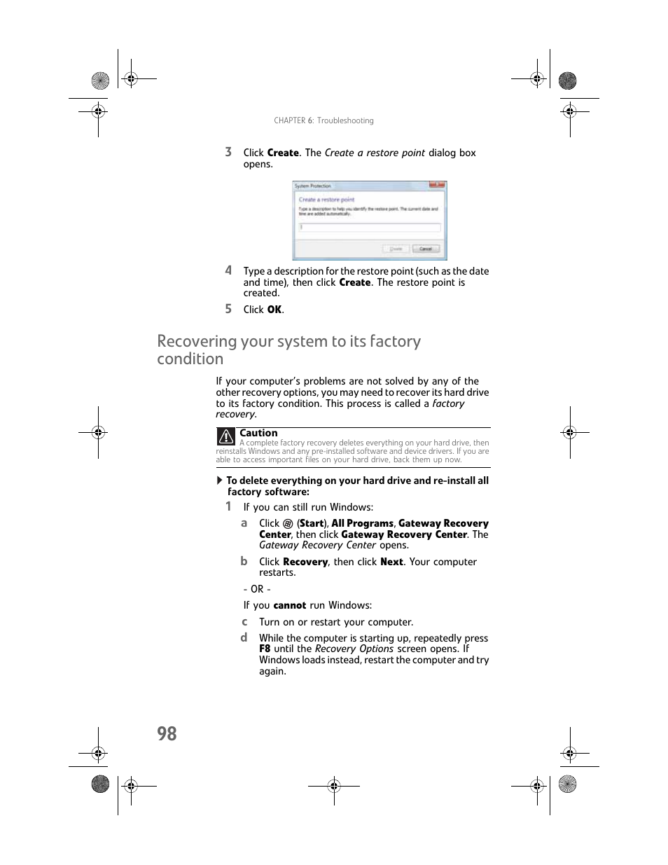 Recovering your system to its factory condition, Recovering your system to its factory | Gateway Profile 6 User Manual | Page 104 / 130