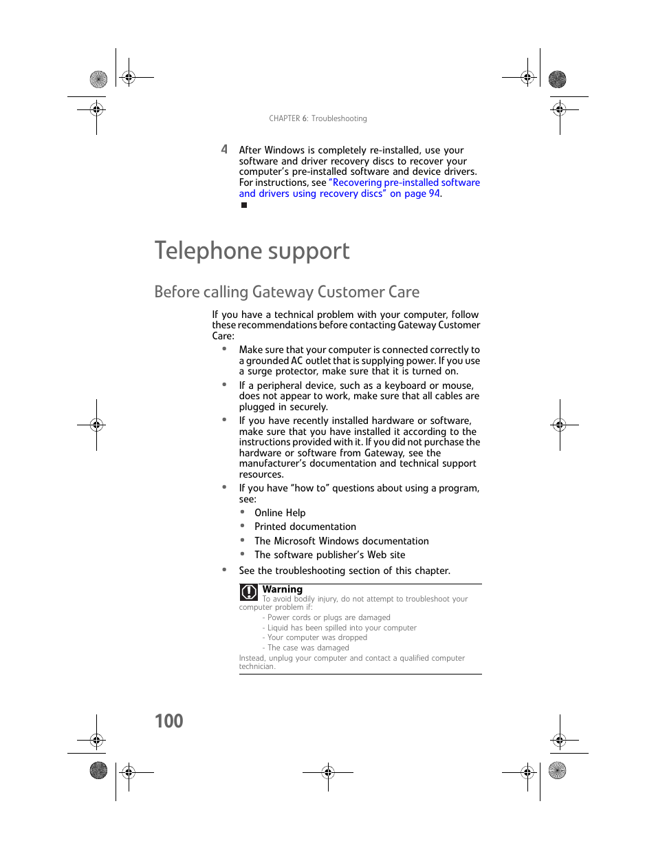 Telephone support, Before calling gateway customer care | Gateway Profile 6 User Manual | Page 106 / 130