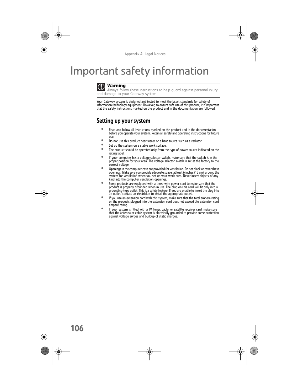 Important safety information, Setting up your system | Gateway Profile 6 User Manual | Page 112 / 130