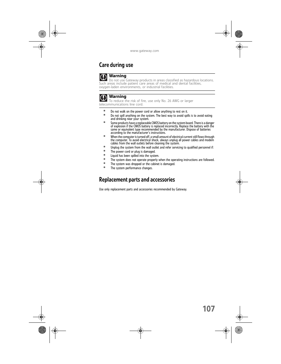 Care during use, Replacement parts and accessories | Gateway Profile 6 User Manual | Page 113 / 130