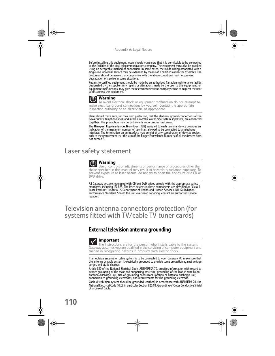 Laser safety statement, External television antenna grounding | Gateway Profile 6 User Manual | Page 116 / 130