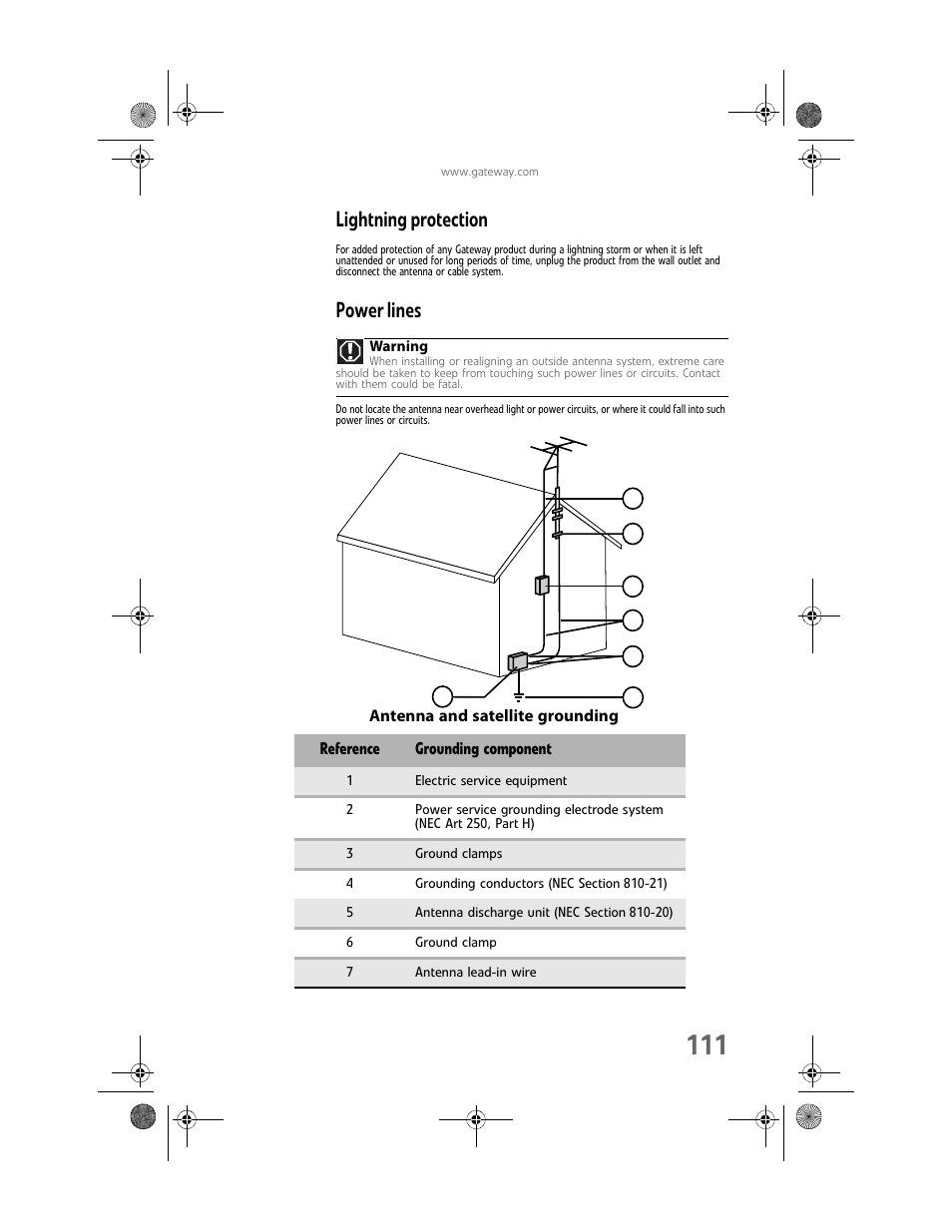 Lightning protection, Power lines | Gateway Profile 6 User Manual | Page 117 / 130