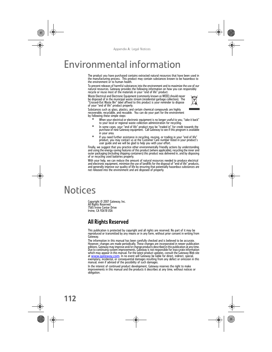 Environmental information, Notices, All rights reserved | Gateway Profile 6 User Manual | Page 118 / 130