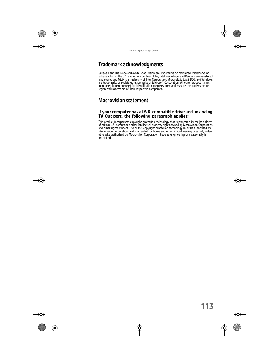 Trademark acknowledgments, Macrovision statement | Gateway Profile 6 User Manual | Page 119 / 130