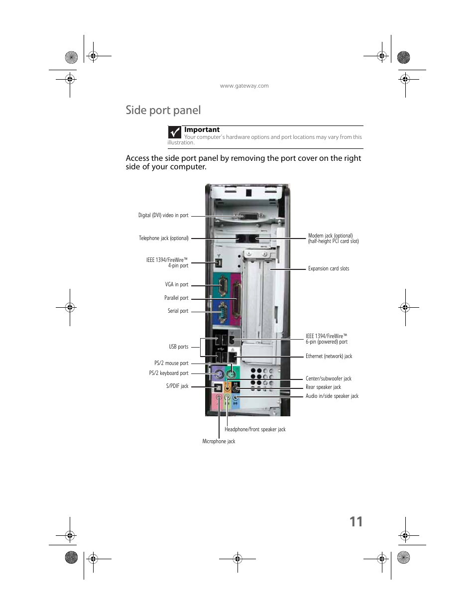 Side port panel, Side port panel” on | Gateway Profile 6 User Manual | Page 17 / 130