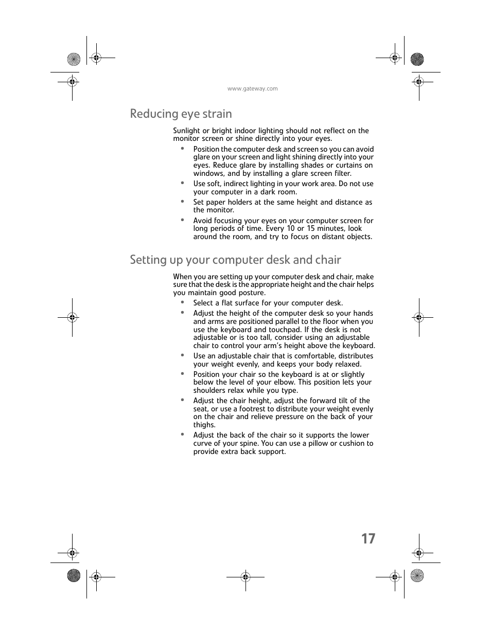 Reducing eye strain, Setting up your computer desk and chair | Gateway Profile 6 User Manual | Page 23 / 130