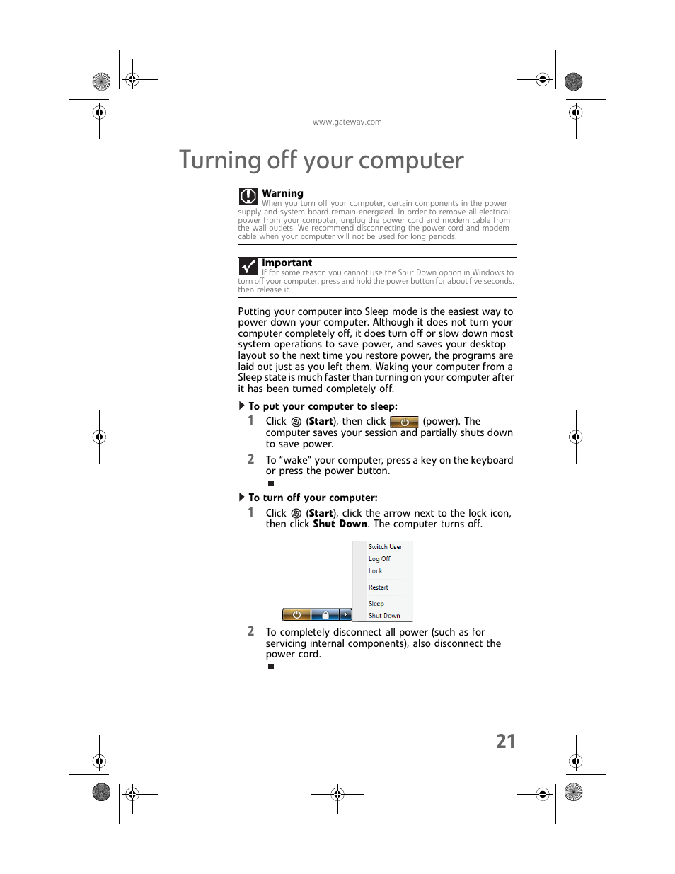 Turning off your computer, To put your computer to sleep, To turn off your computer | Gateway Profile 6 User Manual | Page 27 / 130