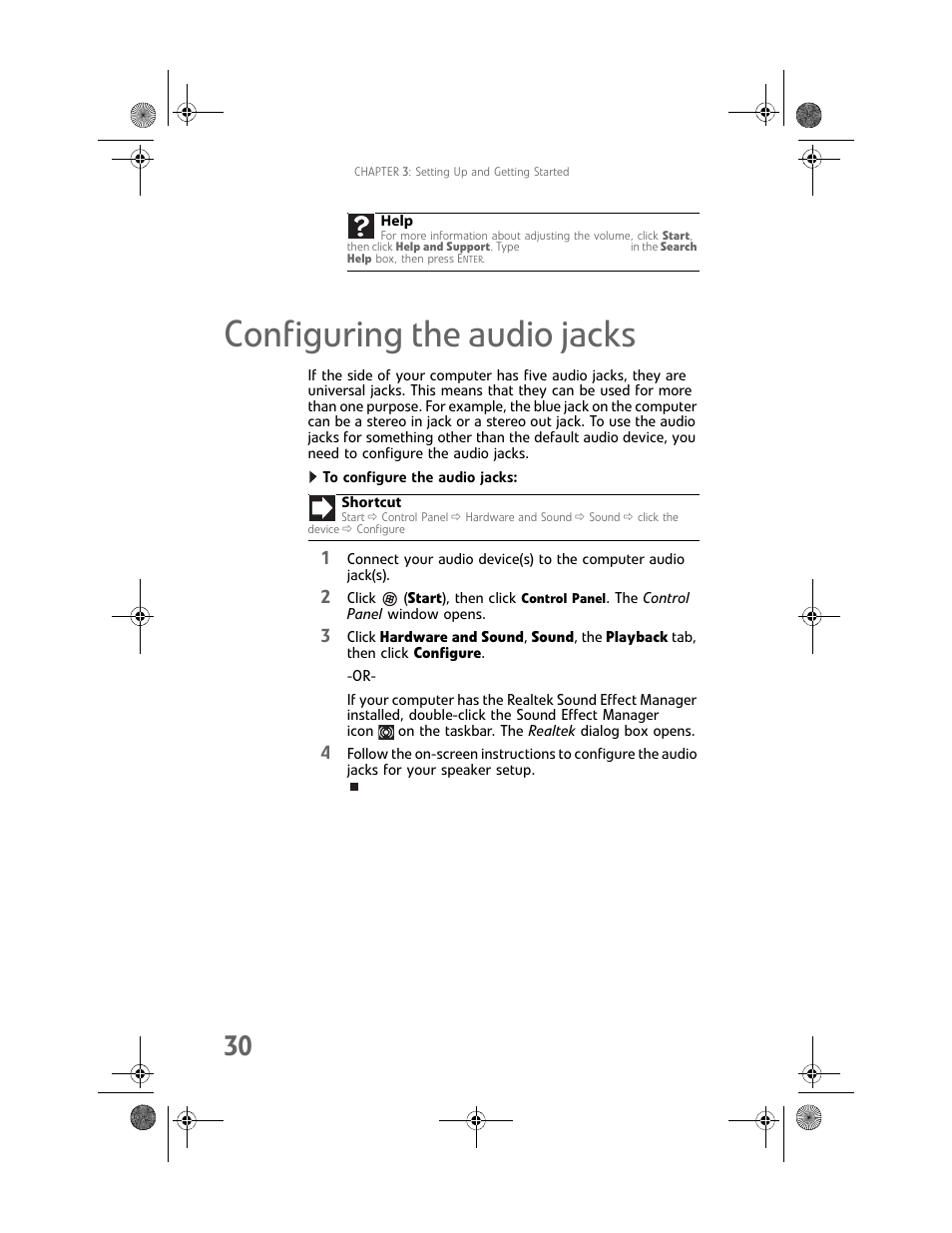 Configuring the audio jacks, To configure the audio jacks, Configuring the audio jacks” on | Gateway Profile 6 User Manual | Page 36 / 130