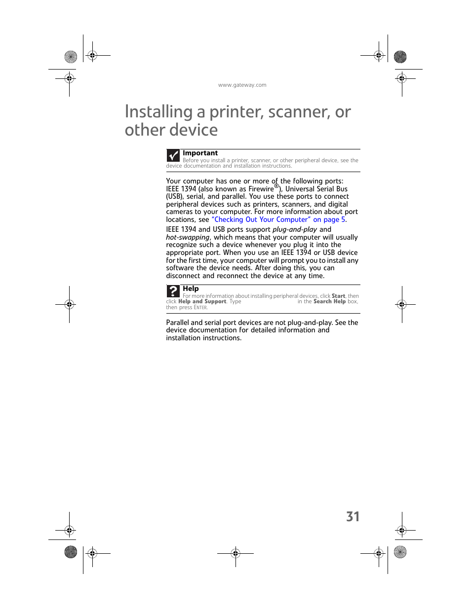 Installing a printer, scanner, or other device, Installing, Installing a printer, scanner, or other | Gateway Profile 6 User Manual | Page 37 / 130