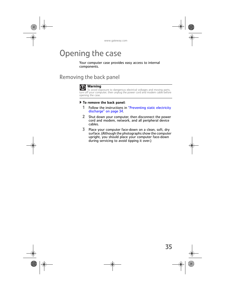 Opening the case, Removing the back panel, To remove the back panel | Gateway Profile 6 User Manual | Page 41 / 130