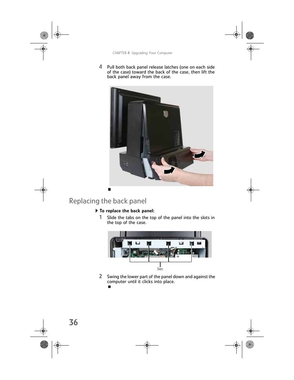 Replacing the back panel, To replace the back panel | Gateway Profile 6 User Manual | Page 42 / 130