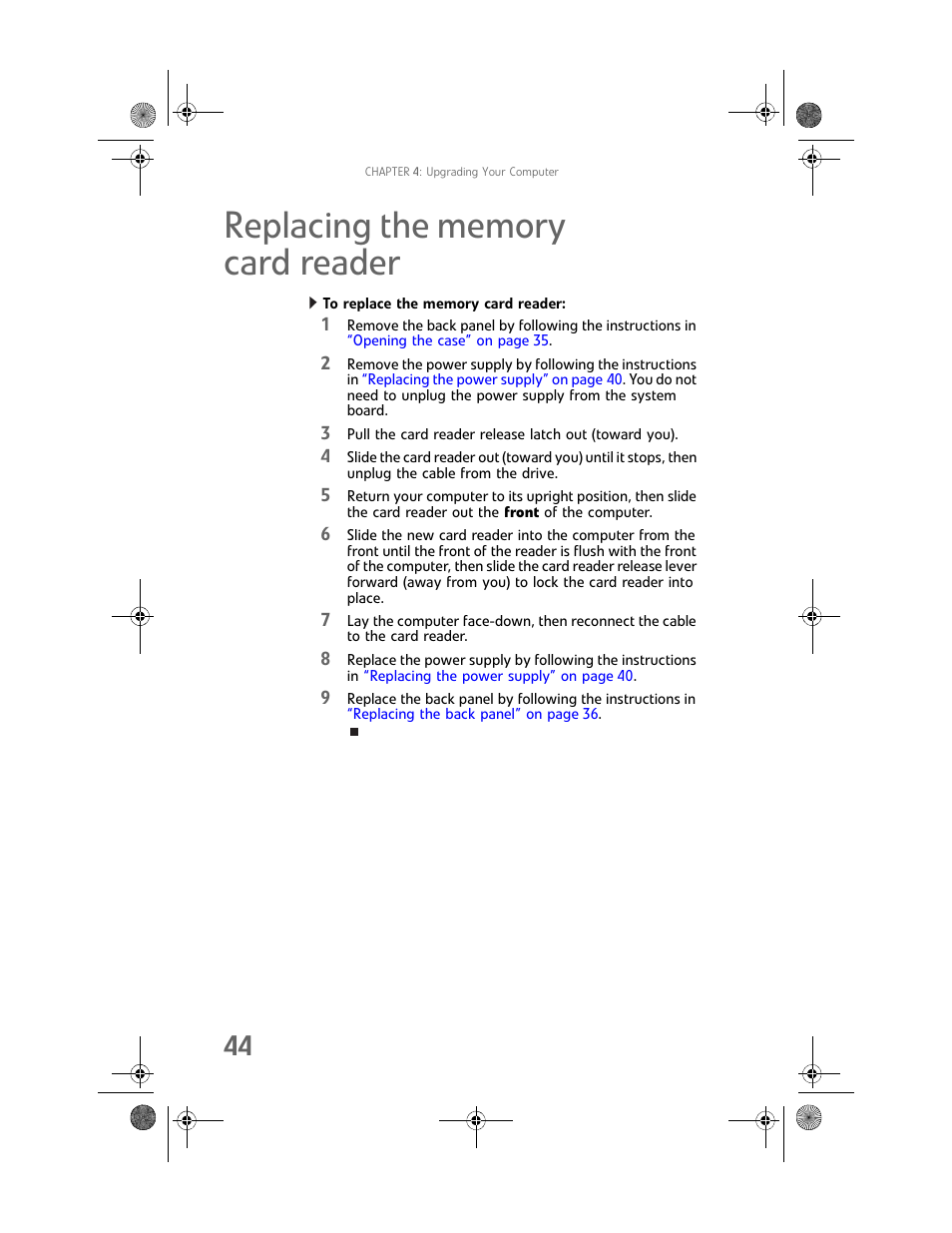 Replacing the memory cardreader, To replace the memory card reader, Replacing the memory card reader | Gateway Profile 6 User Manual | Page 50 / 130