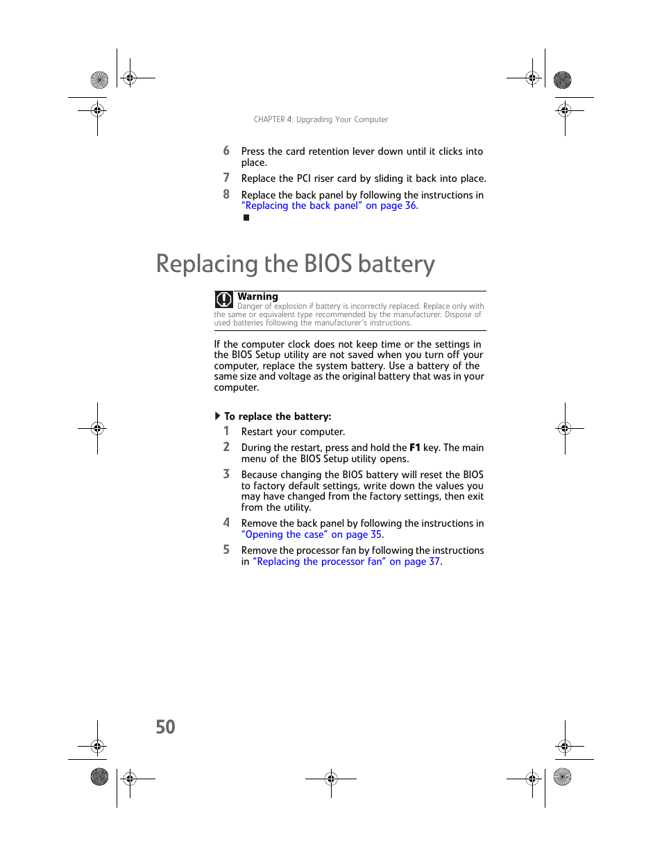 Replacing the bios battery, To replace the battery | Gateway Profile 6 User Manual | Page 56 / 130