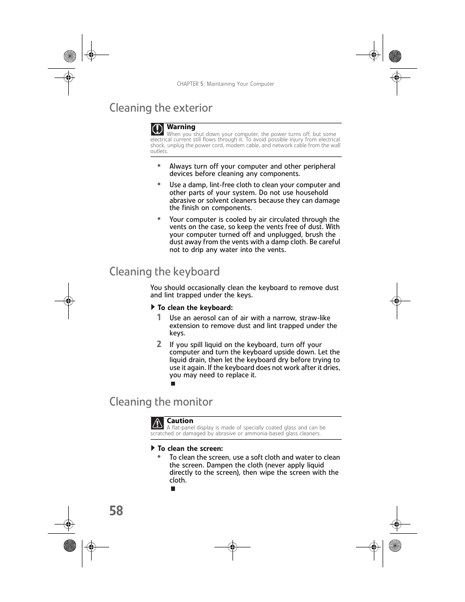 Cleaning the exterior, Cleaning the keyboard, To clean the keyboard | Cleaning the monitor, To clean the screen | Gateway Profile 6 User Manual | Page 64 / 130