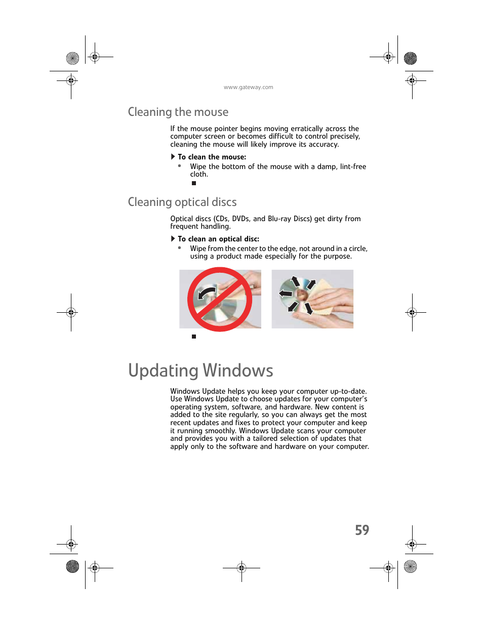 Cleaning the mouse, To clean the mouse, Cleaning optical discs | To clean an optical disc, Updating windows, Cleaning the mouse cleaning optical discs | Gateway Profile 6 User Manual | Page 65 / 130