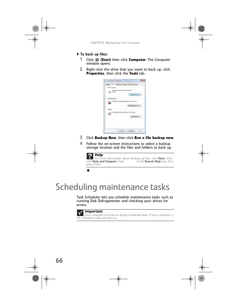 To back up files, Scheduling maintenance tasks | Gateway Profile 6 User Manual | Page 72 / 130