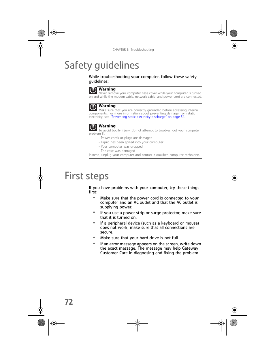 Safety guidelines, First steps, Safety guidelines first steps | Gateway Profile 6 User Manual | Page 78 / 130