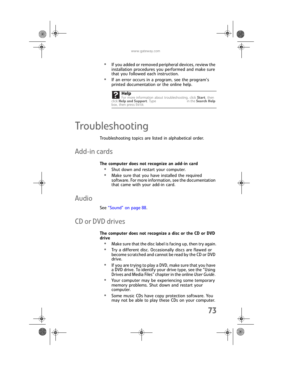 Troubleshooting, Add-in cards, The computer does not recognize an add-in card | Audio, Cd or dvd drives, Add-in cards audio cd or dvd drives | Gateway Profile 6 User Manual | Page 79 / 130