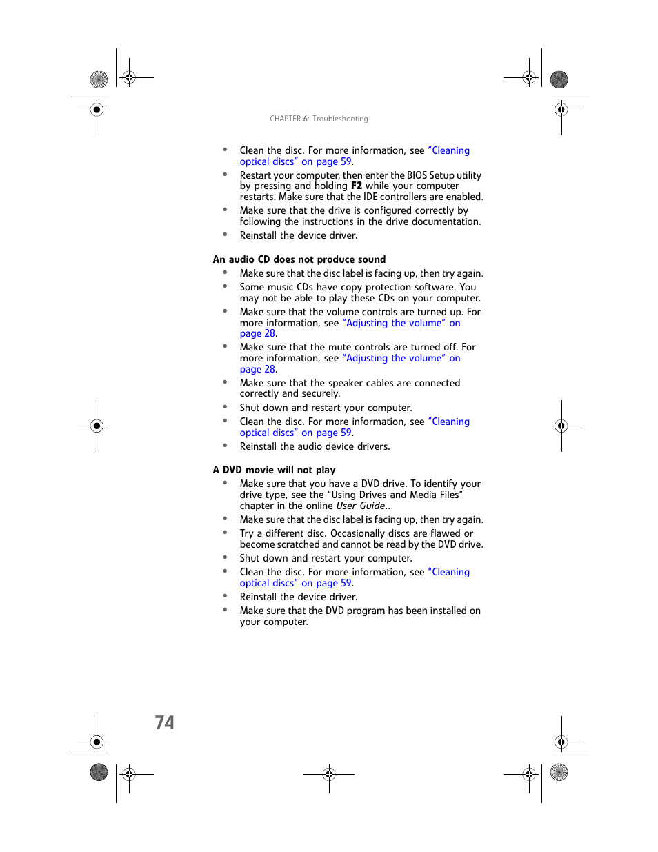 An audio cd does not produce sound, A dvd movie will not play | Gateway Profile 6 User Manual | Page 80 / 130