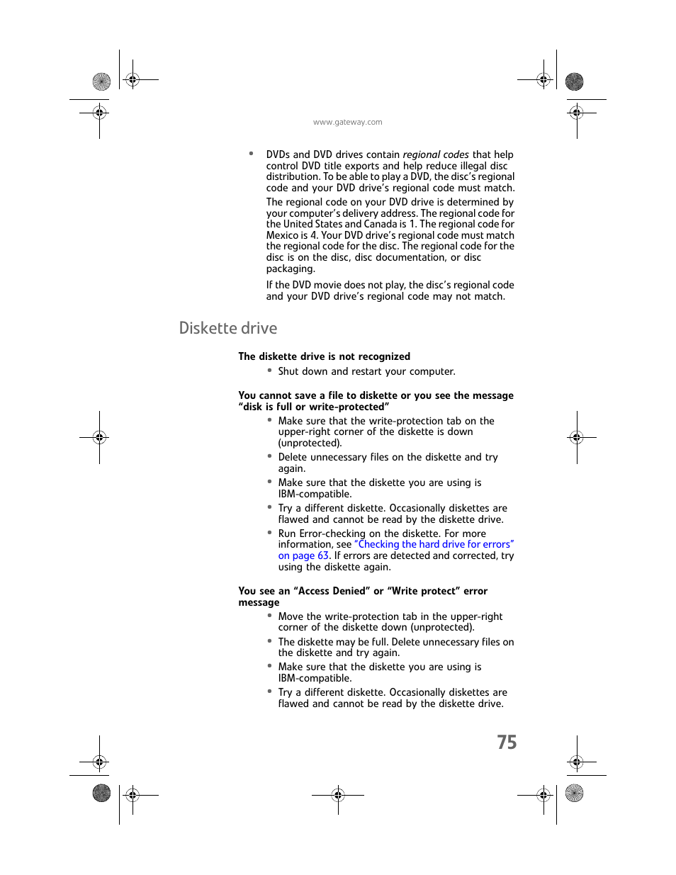 Diskette drive, The diskette drive is not recognized | Gateway Profile 6 User Manual | Page 81 / 130