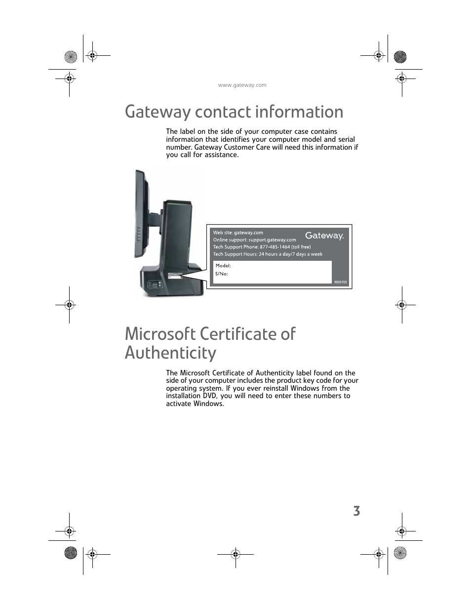 Gateway contact information, Microsoft certificate of authenticity | Gateway Profile 6 User Manual | Page 9 / 130