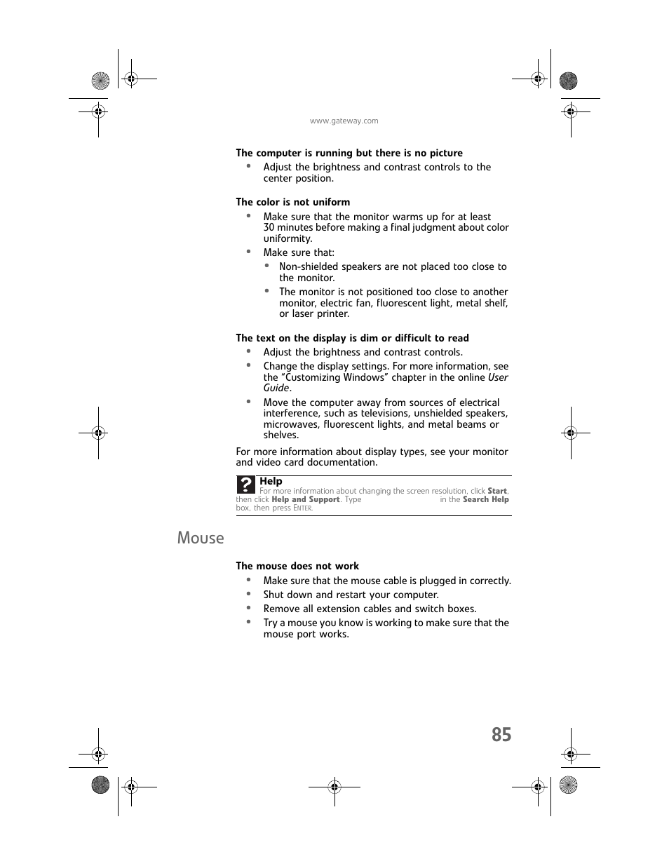 The computer is running but there is no picture, The color is not uniform, Mouse | The mouse does not work | Gateway Profile 6 User Manual | Page 91 / 130