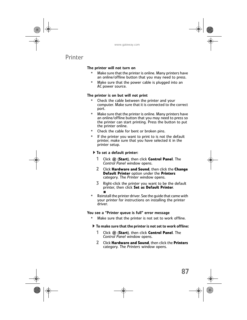 Printer, The printer will not turn on, The printer is on but will not print | To set a default printer, You see a “printer queue is full” error message | Gateway Profile 6 User Manual | Page 93 / 130