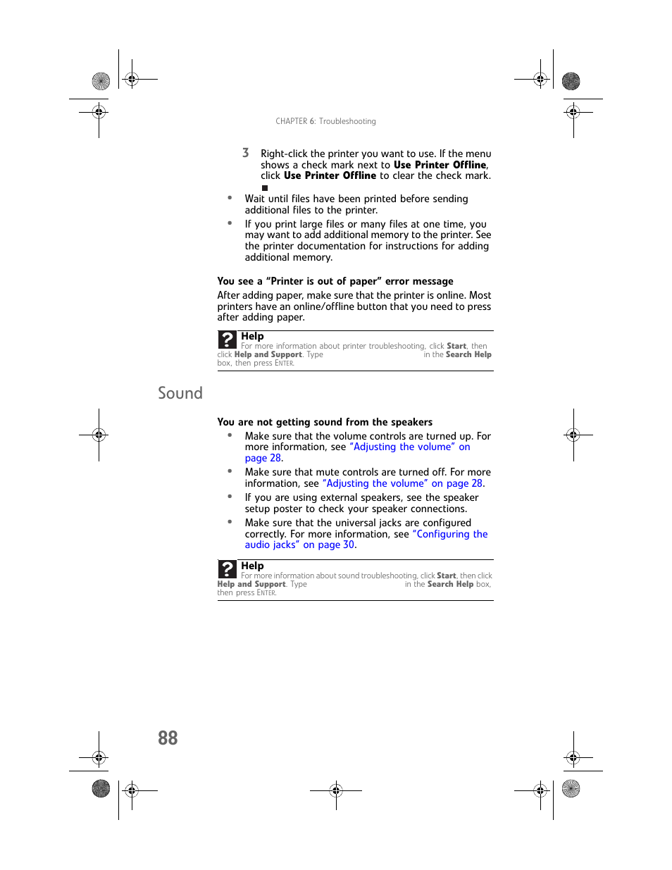 You see a “printer is out of paper” error message, Sound, You are not getting sound from the speakers | Gateway Profile 6 User Manual | Page 94 / 130