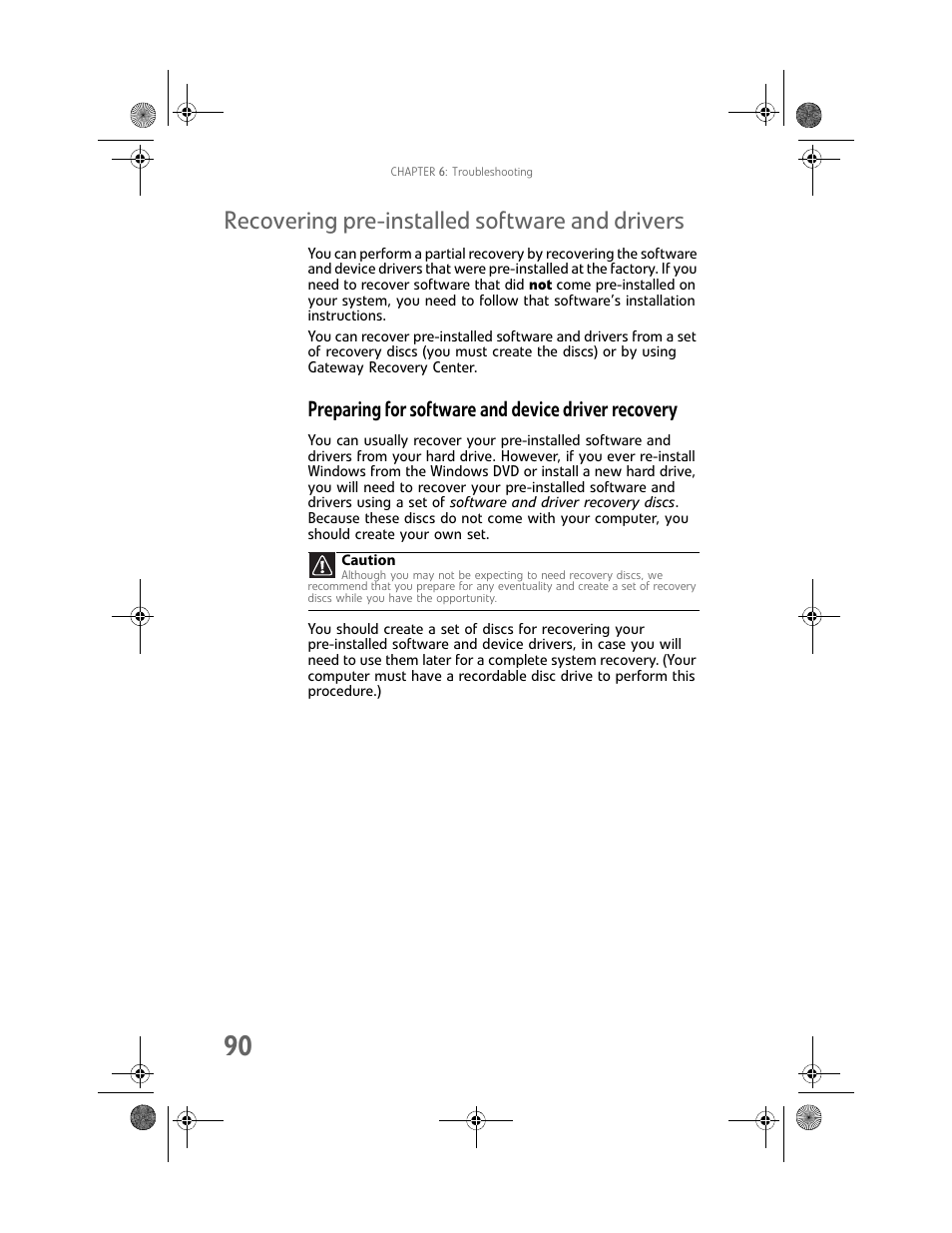 Recovering pre-installed software and drivers, Preparing for software and device driver recovery, Recovering | Gateway Profile 6 User Manual | Page 96 / 130