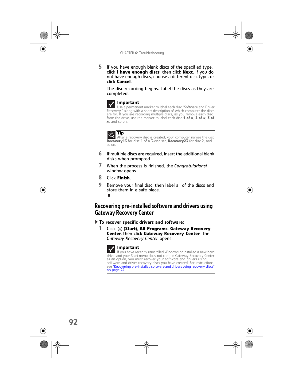 To recover specific drivers and software | Gateway Profile 6 User Manual | Page 98 / 130