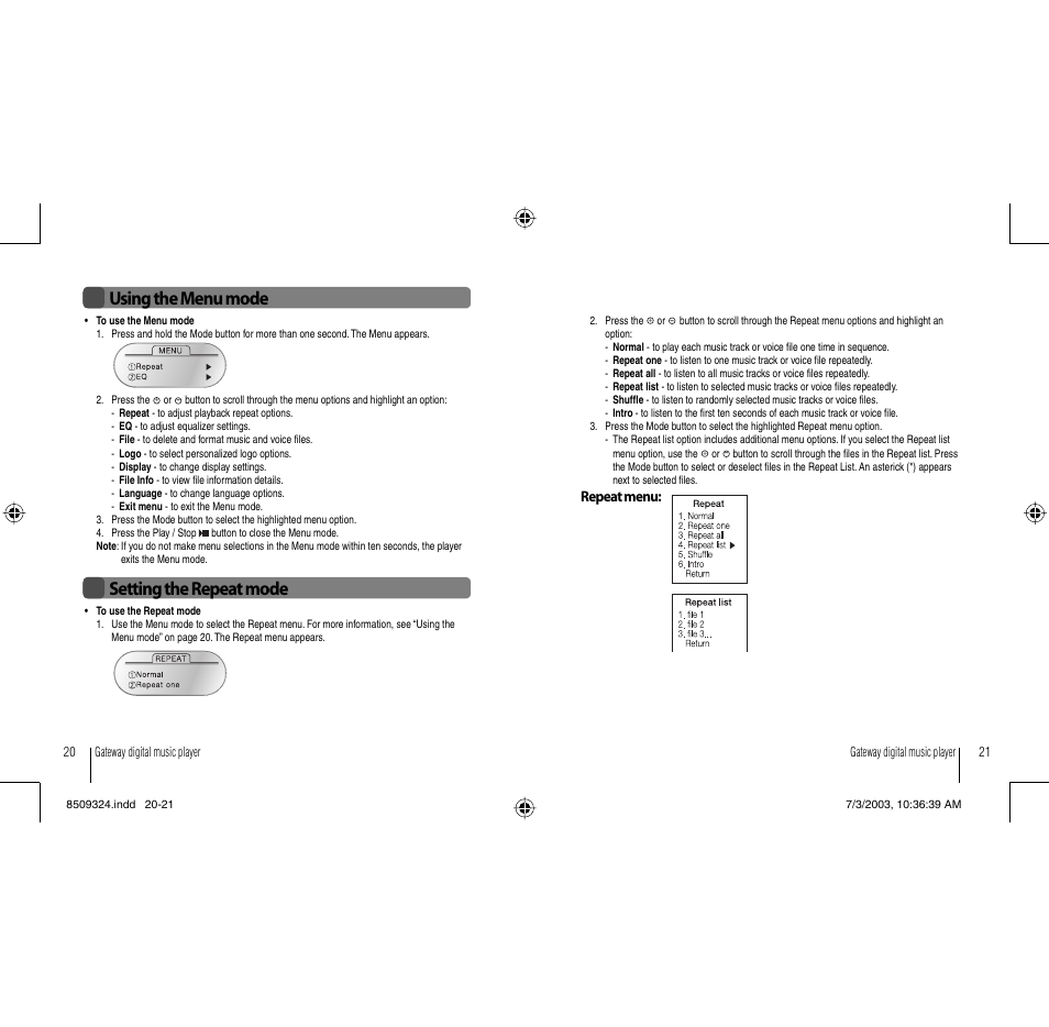 Using the menu mode setting the repeat mode | Gateway 3-IN-1 Digital Music Player User Manual | Page 11 / 29