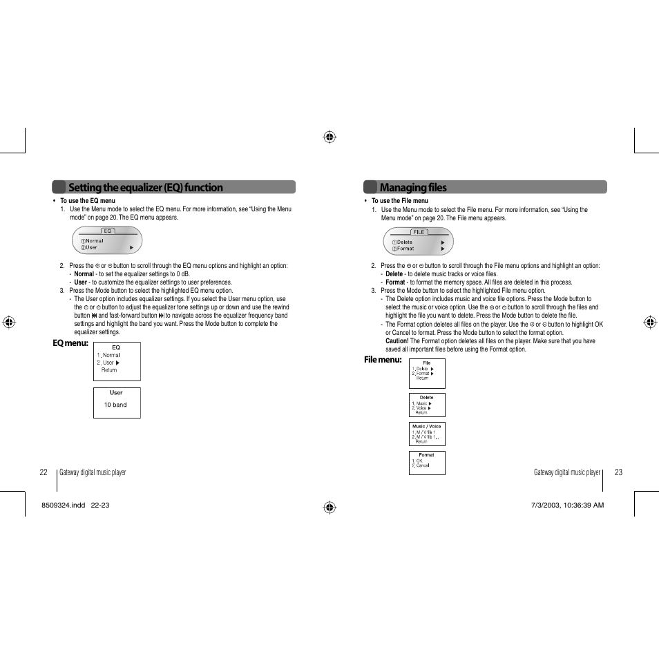 Managing files, Setting the equalizer (eq) function | Gateway 3-IN-1 Digital Music Player User Manual | Page 12 / 29