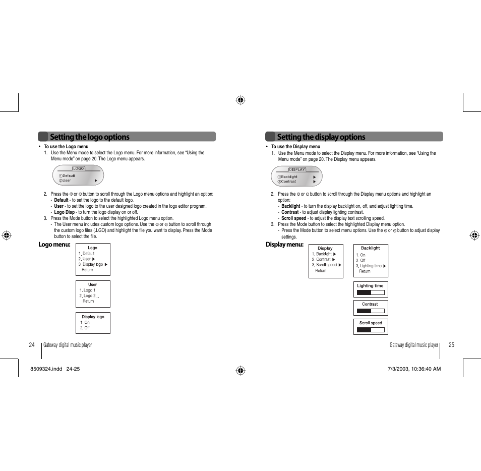 Setting the logo options, Setting the display options | Gateway 3-IN-1 Digital Music Player User Manual | Page 13 / 29